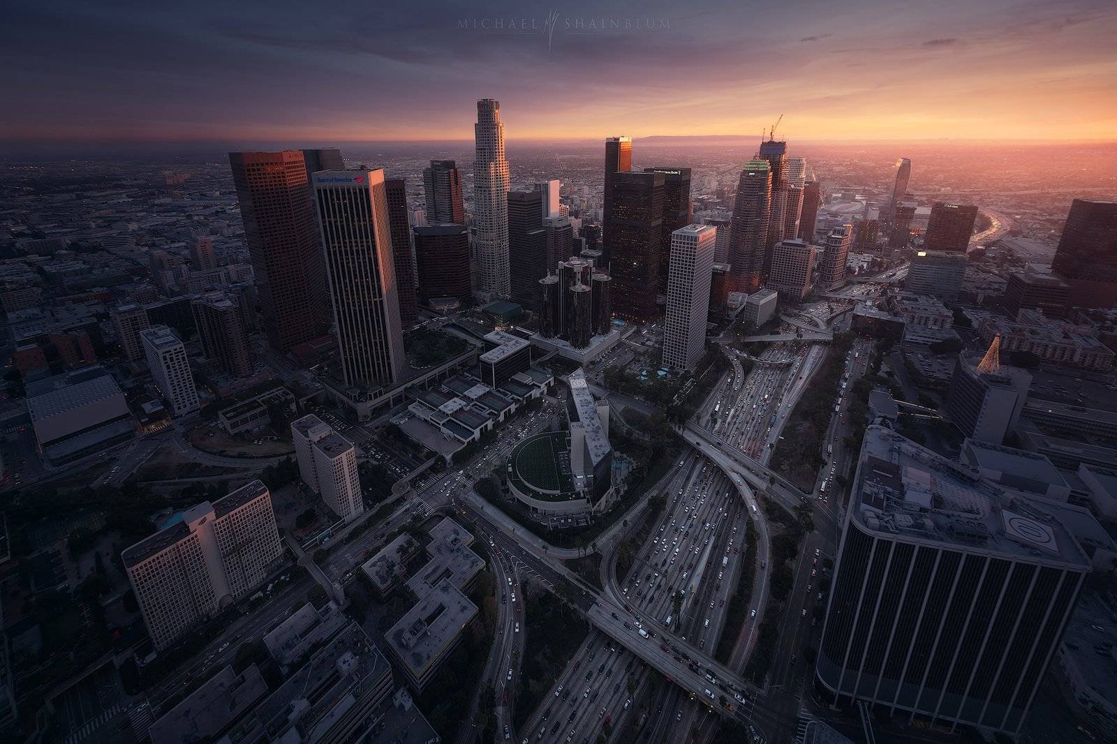 Downtown Los Angeles aerial at sunset.