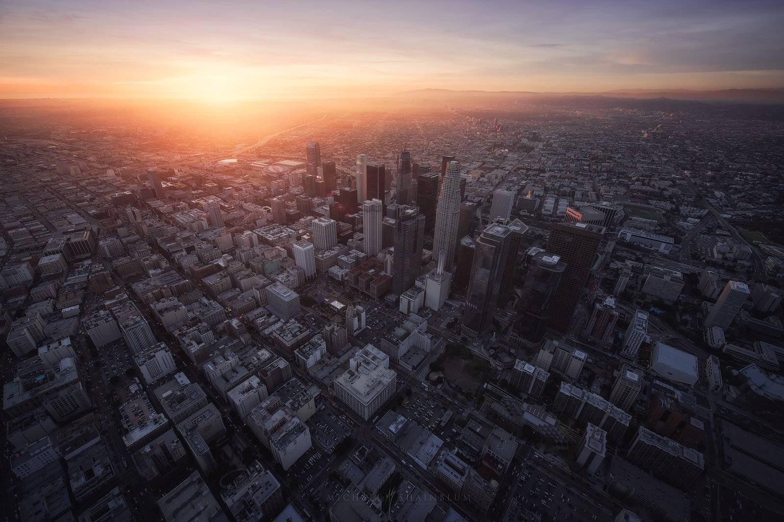 Downtown Los Angeles aerial photography at sunset.