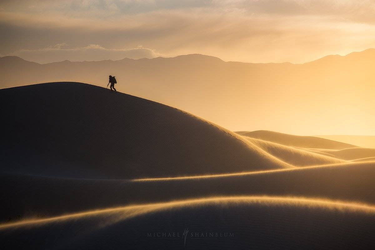 Death Valley Sand Dune Sunrise Hiker