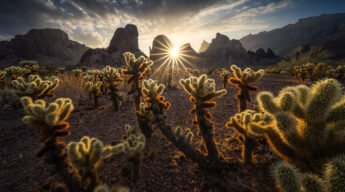 Desert scene at sunrise with a starburst sun behind jagged mountains and spiny cacti in the foreground.